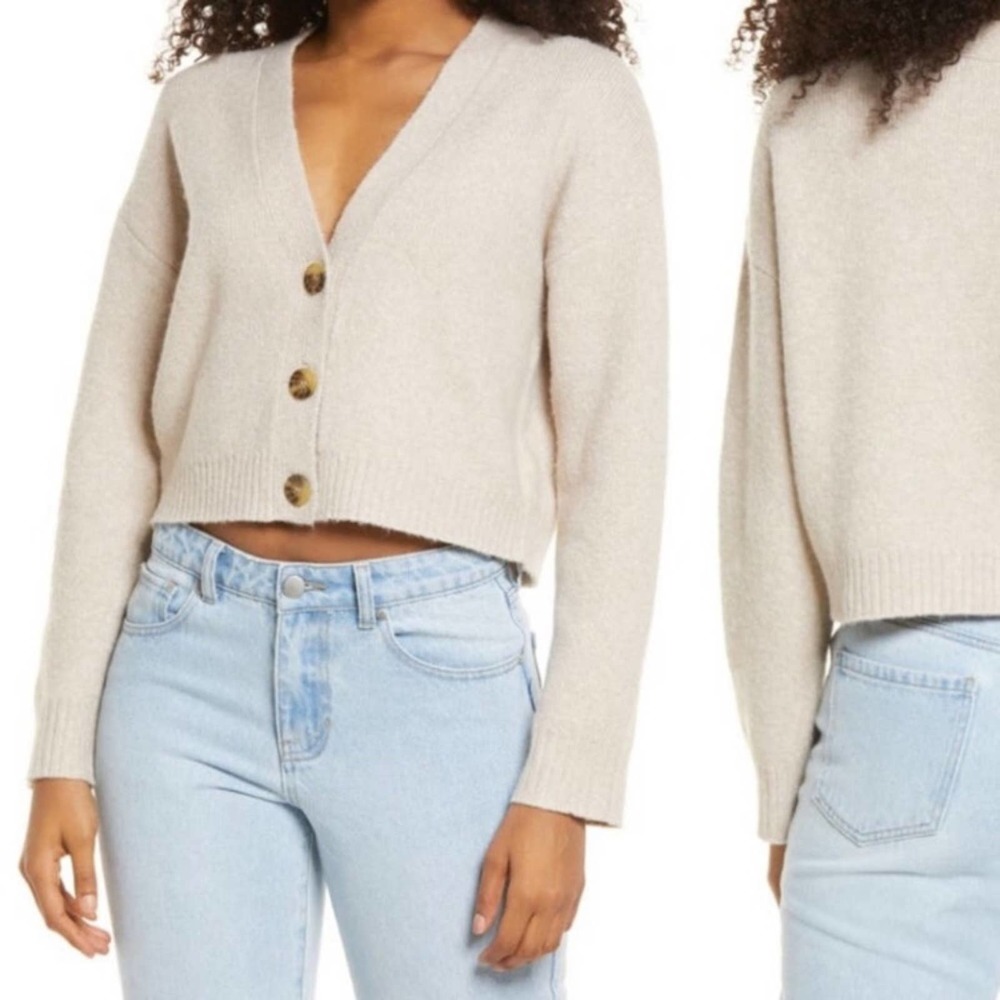 BP soft v-neck cropped cardigan sweater oatmeal - Large